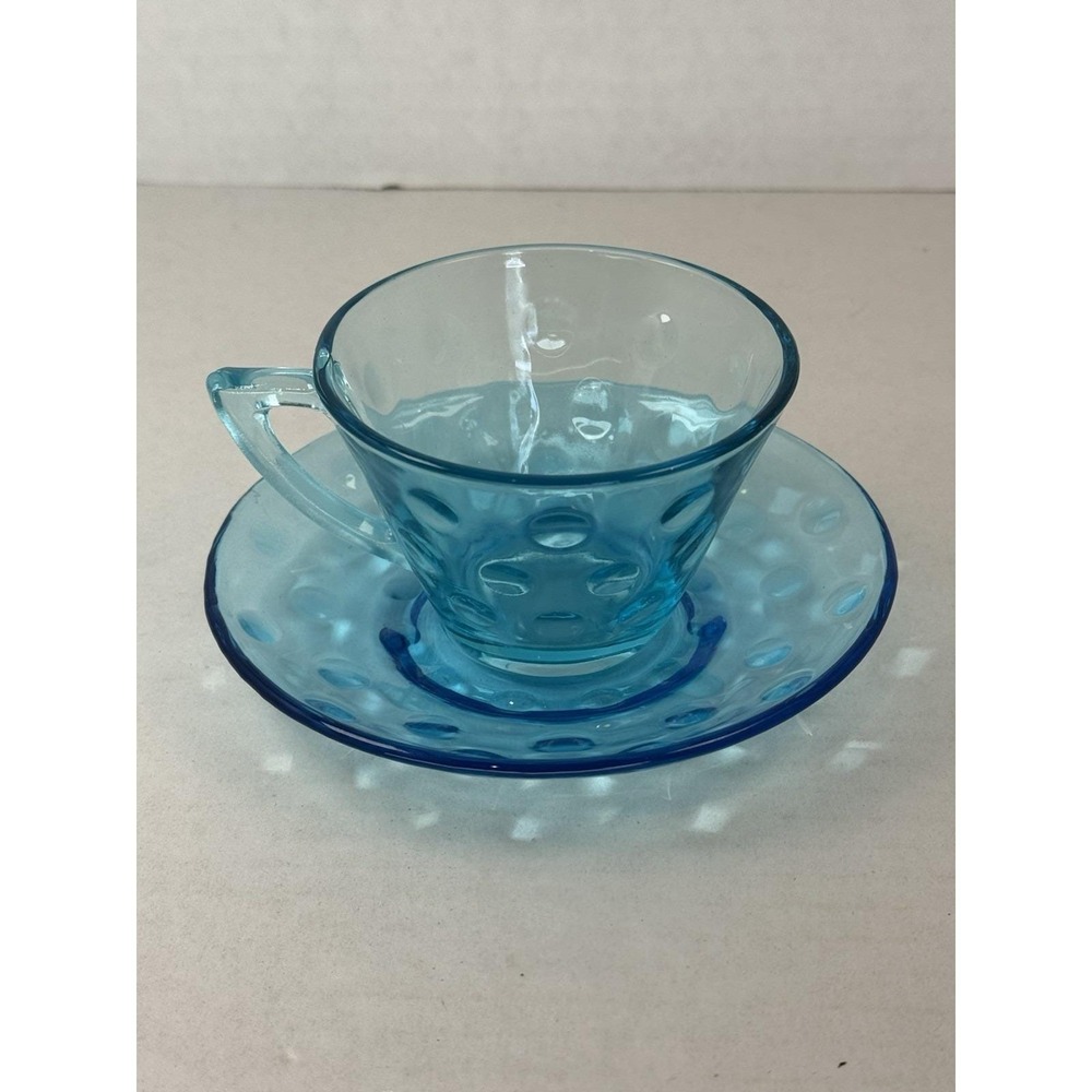 Hazel Atlas Capri Aqua Blue Tea Cup And Saucer Dots Mid Century Depression Glass